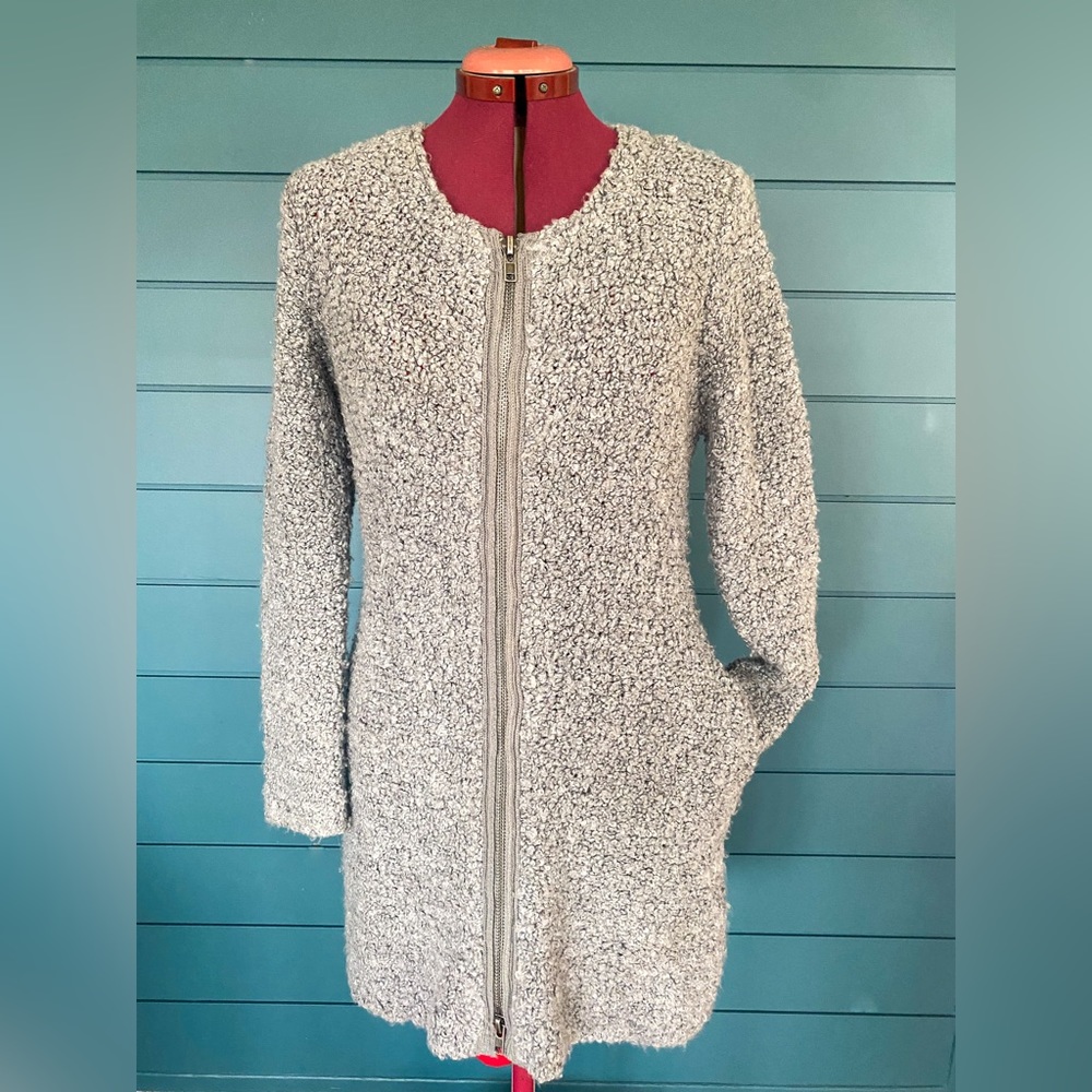 Dex long teddy grey double ended zip sweater/coat with pockets.